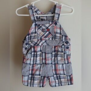 Baby Boy Nautical Patchwork Plaid Short Overalls 18M Red White Blue 100% Cotton